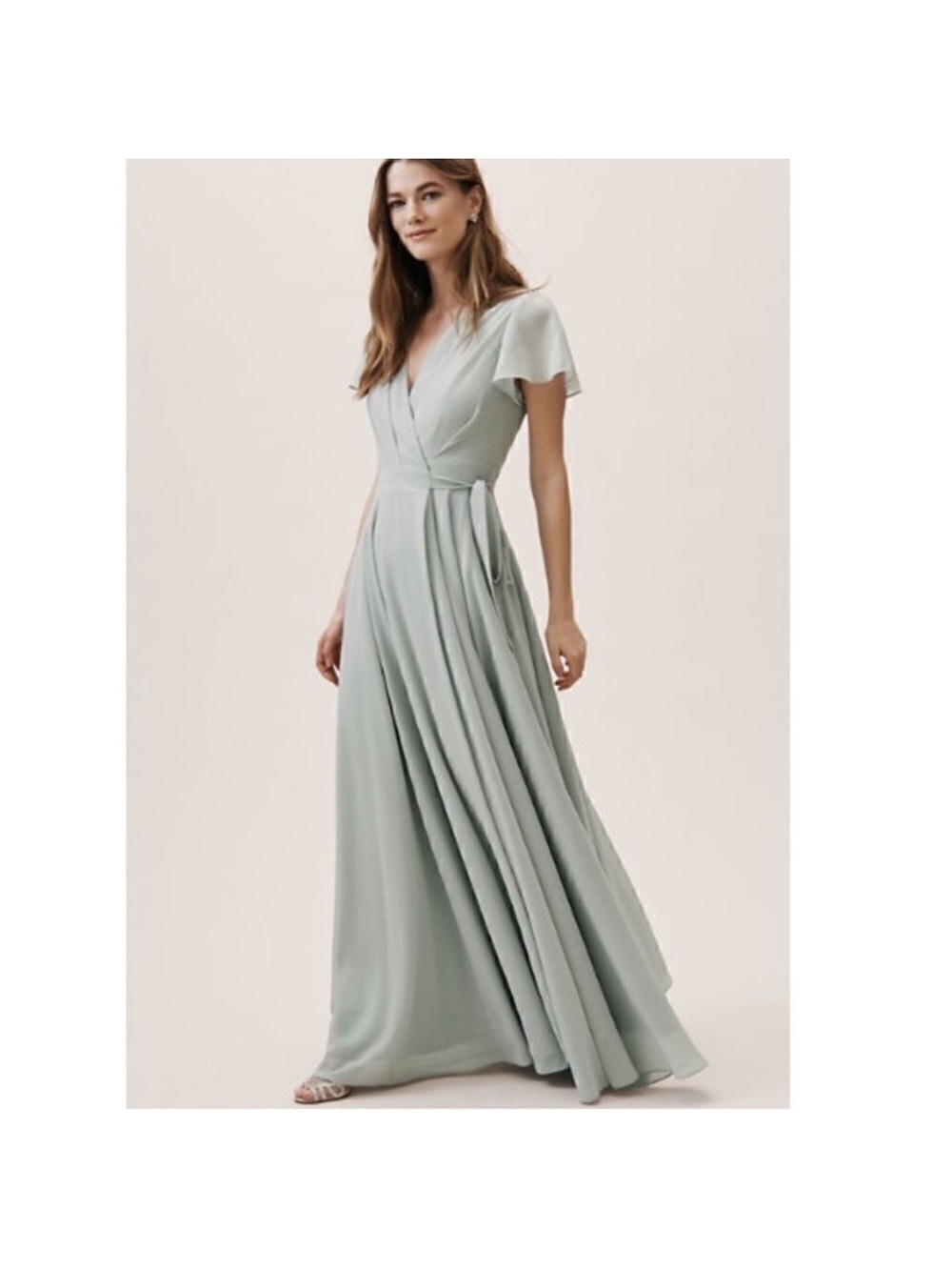 BHLD Anthropologie Sage Wrap Grown Dress with Sheer Flutter Sleeves